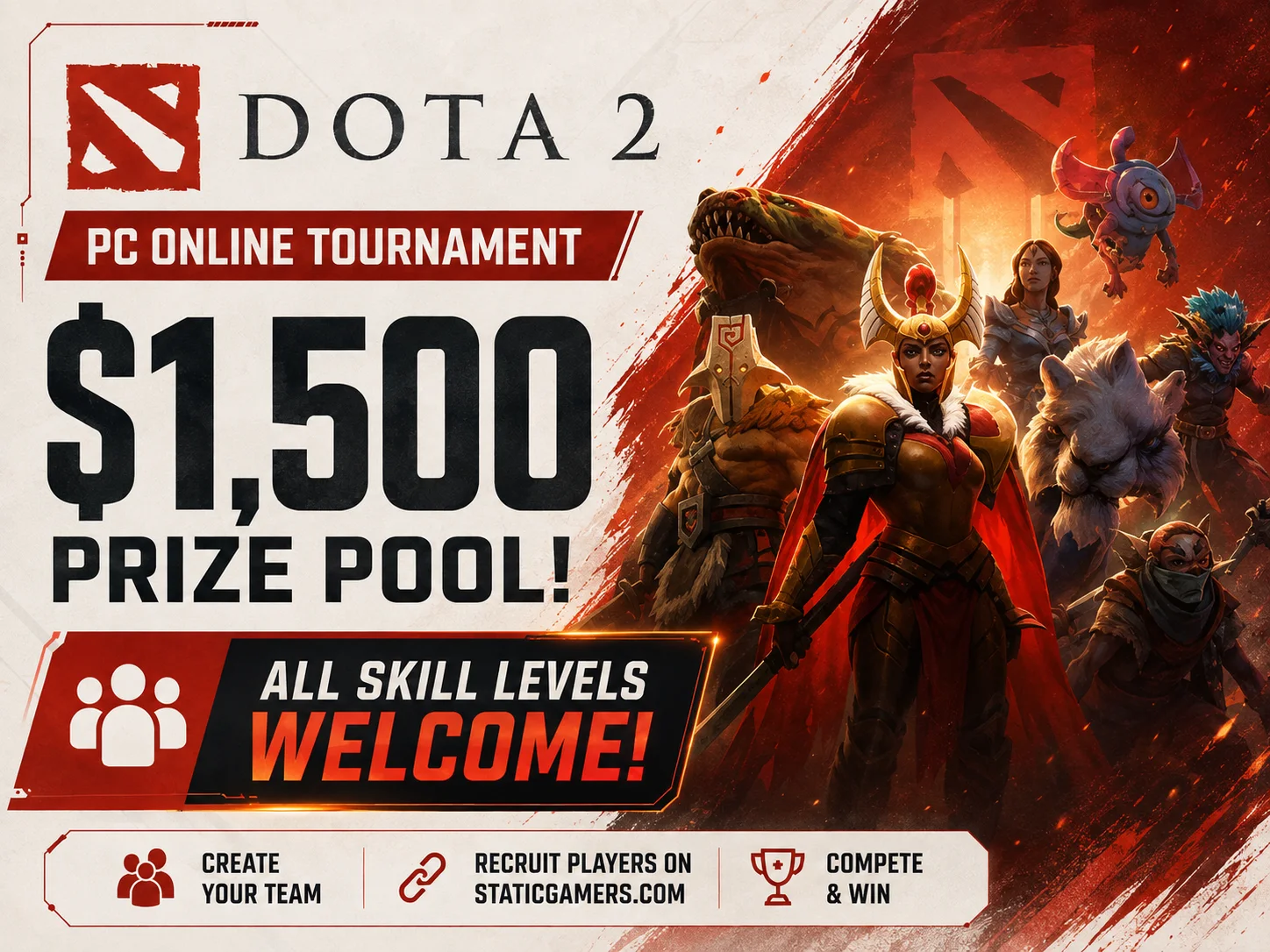 Dota 2 PC online tournament with a $1,500 prize pool