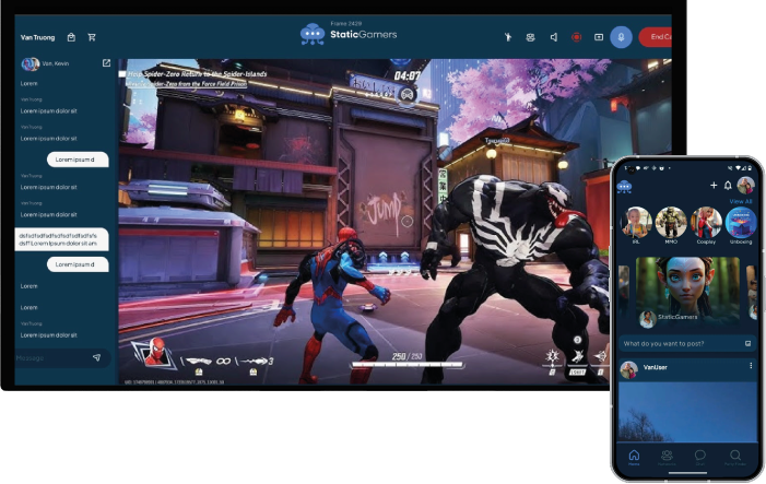 StaticGamers running on desktop and mobile, showing party chat and the social feed