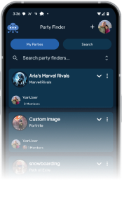 StaticGamers Party Finder screen listing open parties by game